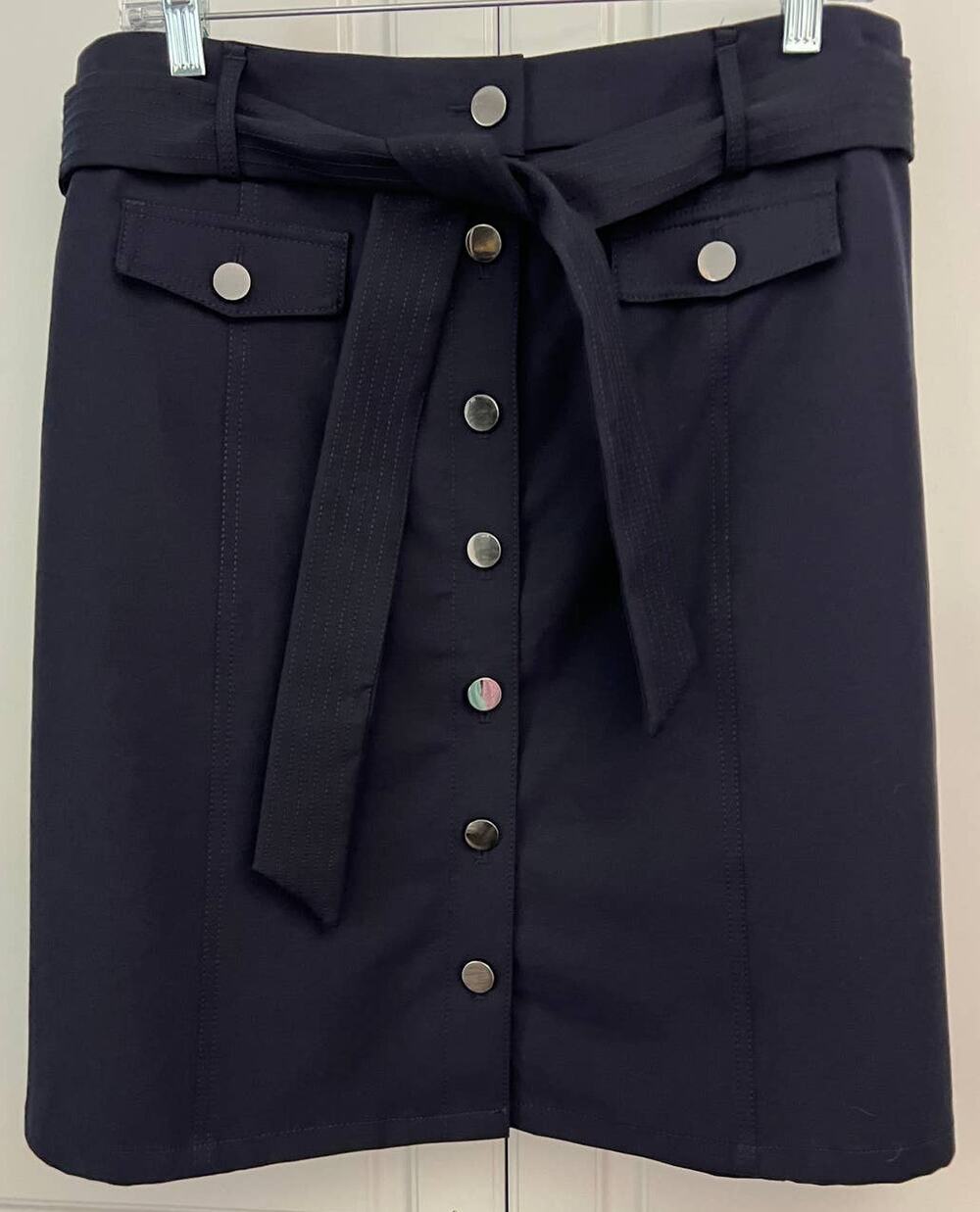 Talbots Navy Blue Button Front Skirt with Belt Size 14P NWOT